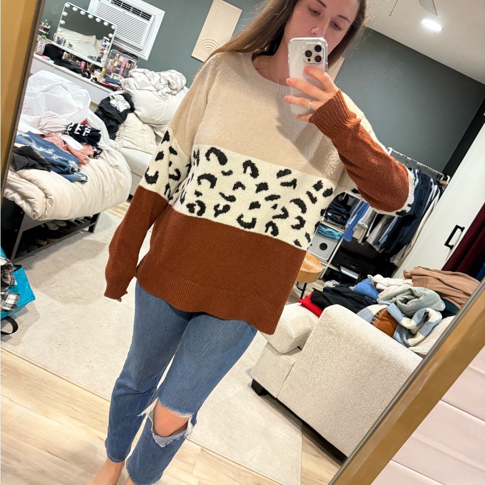 Pink Lily Colorblock Leopard Sweater